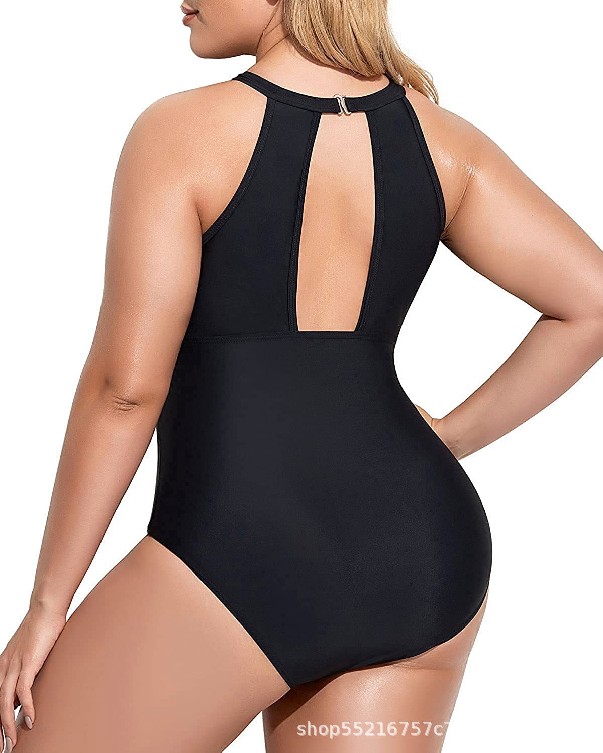 Women Plus Size One Piece Swimsuit High Neck Plunge Mesh Cut Out Bathing Suits